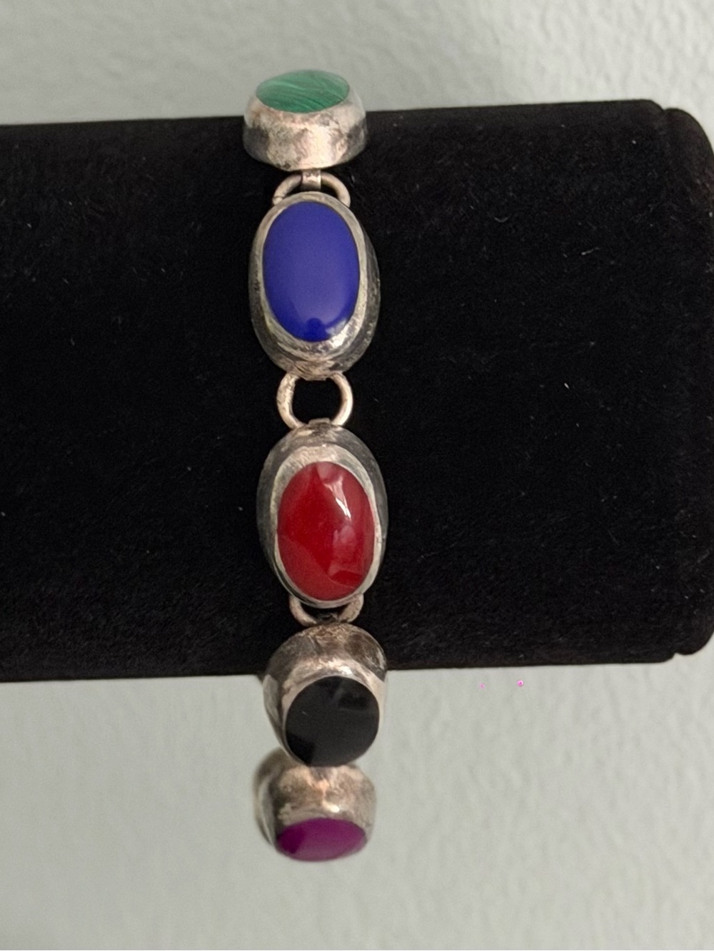 Vintage Taxco 925 Sterling Silver Multistone Inlay Scarab Bracelet Mexico  8”